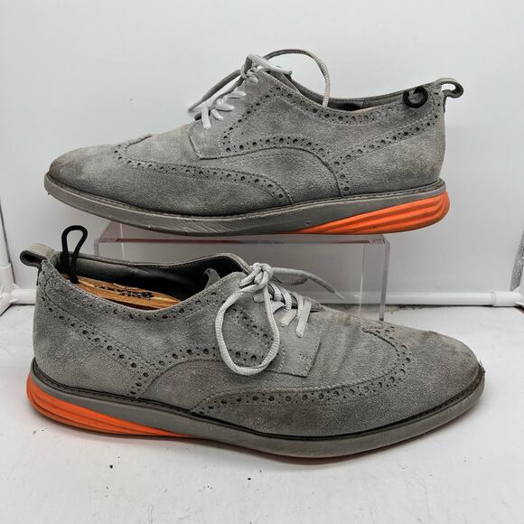 Cole Haan Shoes Men 13 Gray Suede Orange Grand Evolution Wingtip Oxfords Dress - Picture 1 of 9